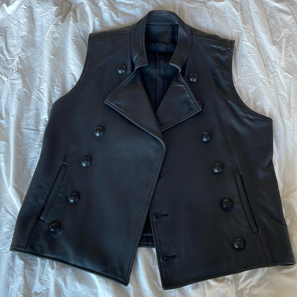 By Robert James black genuine leather doubled breasted vest size large